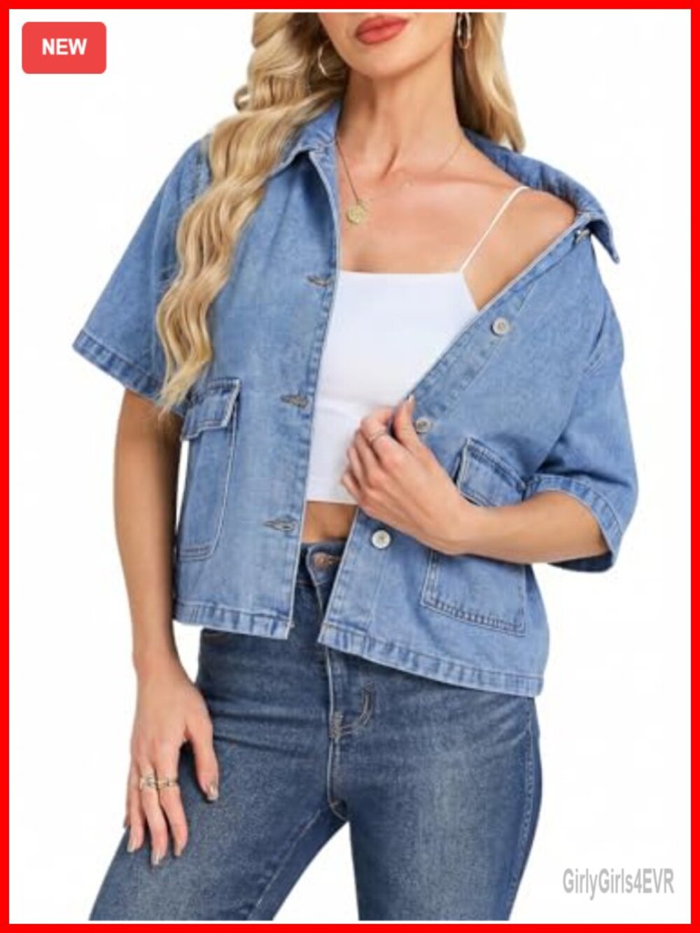 Womens Cropped Denim Jacket Short Sleeve Button Down Boxy Fit Jean Top with